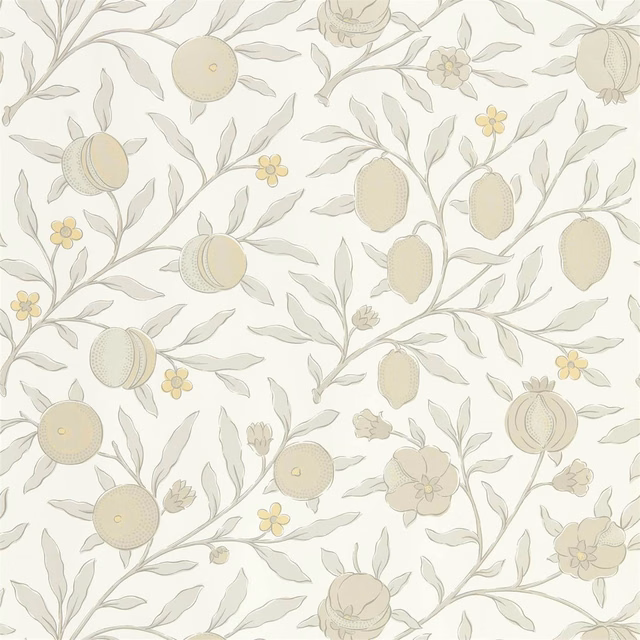 Pale grey botanical wallpaper with cream fruit, yellow flowers and scrolling leafy stems