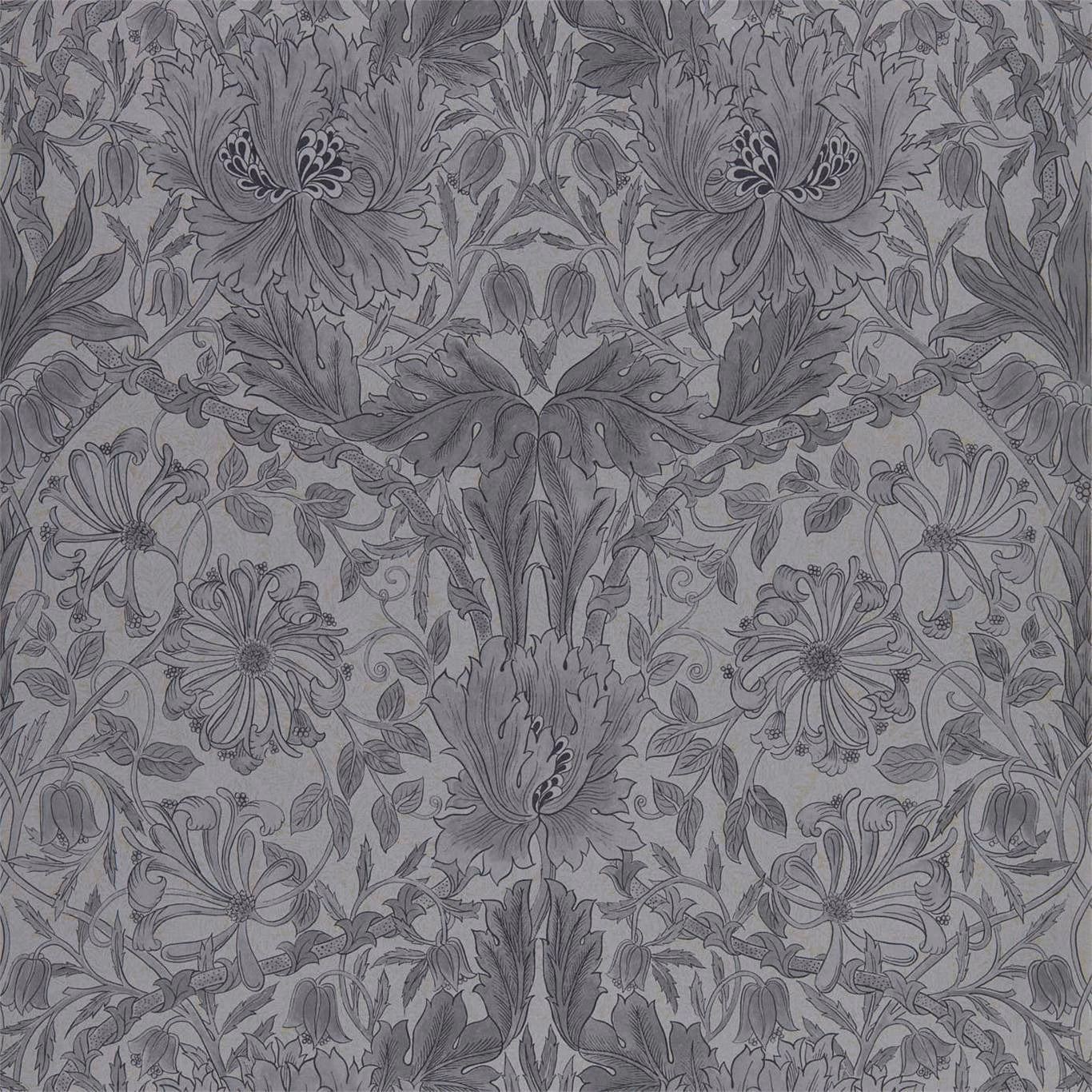Cool slate-grey wallpaper with dense black-ink tulips, honeysuckle and scrolling leaves