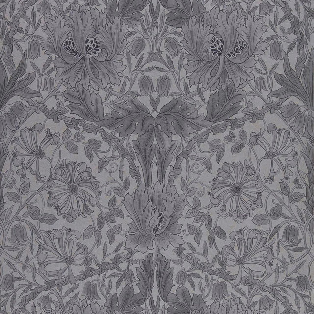 Cool slate-grey wallpaper with dense black-ink tulips, honeysuckle and scrolling leaves