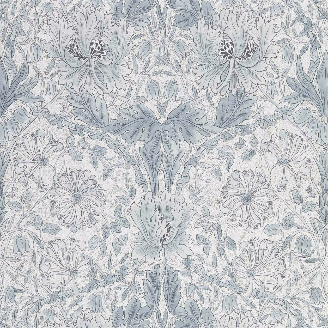 Cloud grey Morris wallpaper with pale blue foliage, honeysuckle and tulip motifs