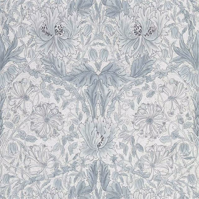 Cloud grey Morris wallpaper with pale blue foliage, honeysuckle and tulip motifs