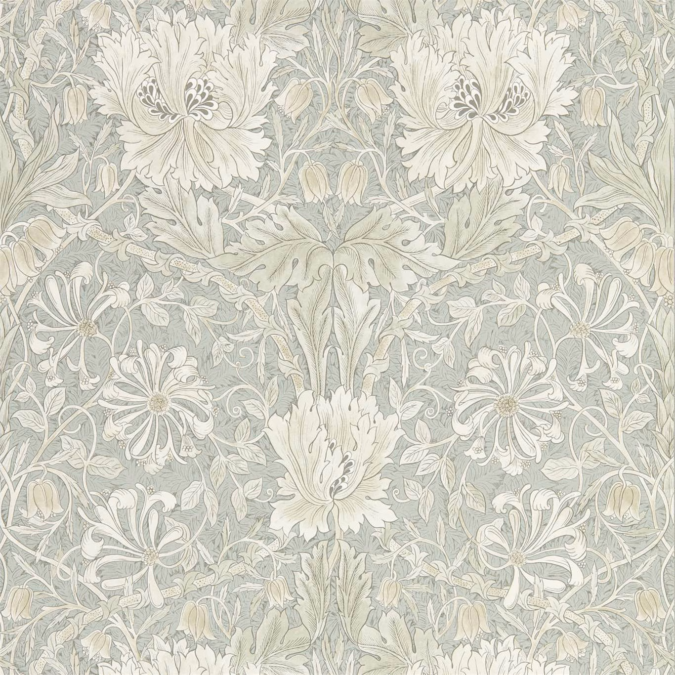 Pale grey-blue wallpaper with cream tulips and daisies amid scrolling botanical leaves
