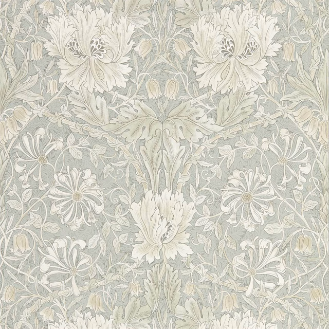 Pale grey-blue wallpaper with cream tulips and daisies amid scrolling botanical leaves