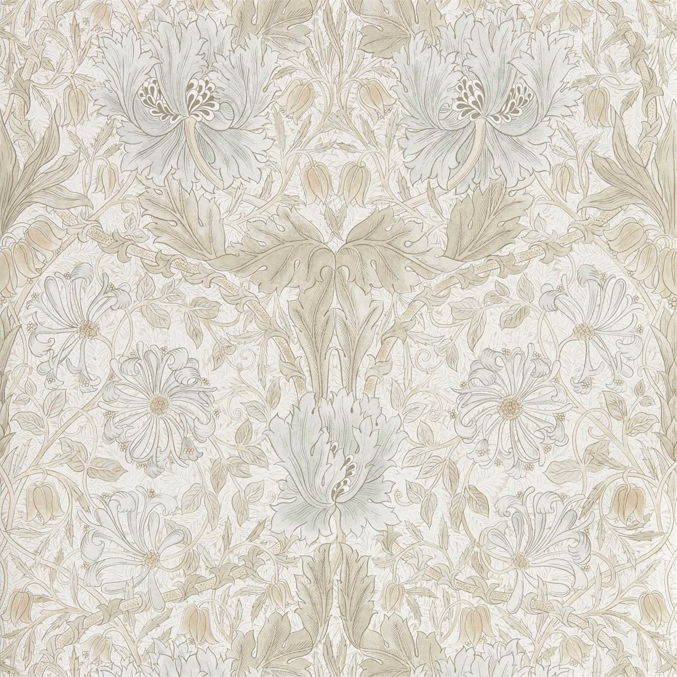 Pale sage and taupe botanical wallpaper with blush flowers and dense scrolling foliage