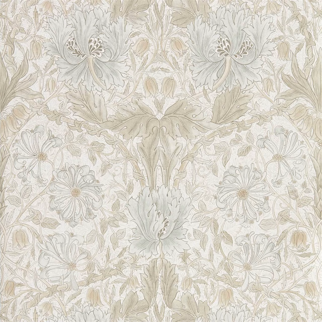 Pale sage and taupe botanical wallpaper with blush flowers and dense scrolling foliage
