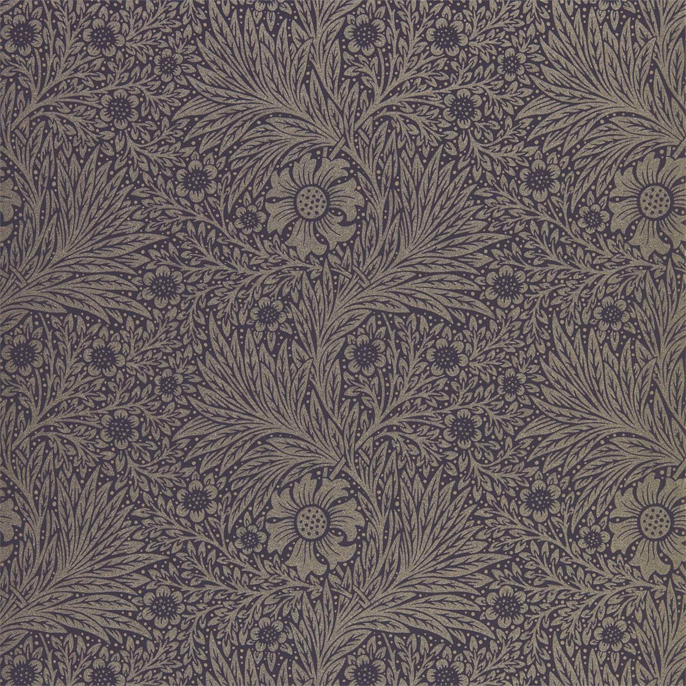 Muted marigold Morris floral sprays and daisies over a deep black-ink ground