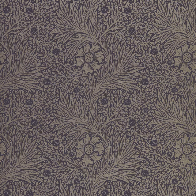 Muted marigold Morris floral sprays and daisies over a deep black-ink ground