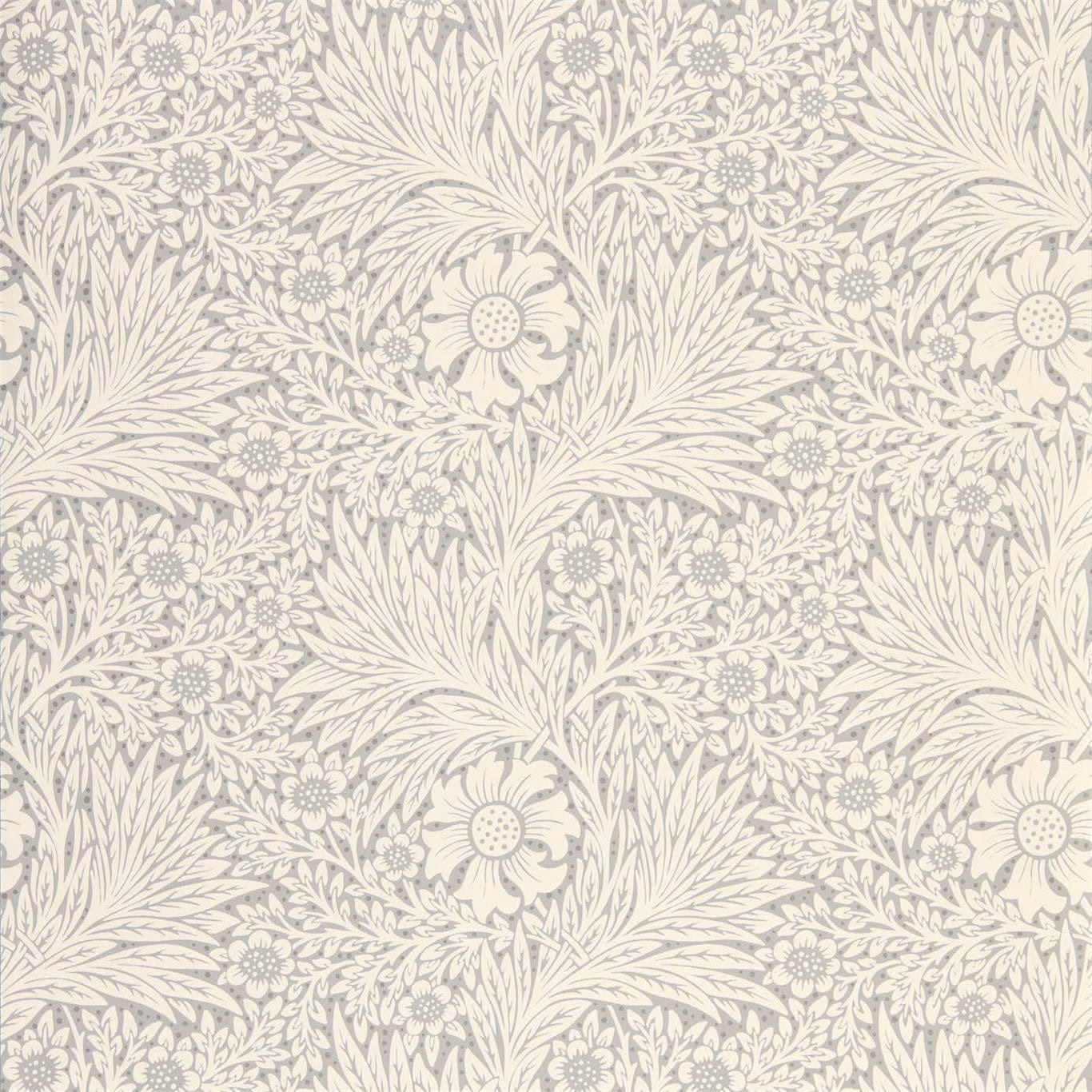 Cloud grey wallpaper with ivory daisies, curling stems and finely drawn leafy botanical motifs