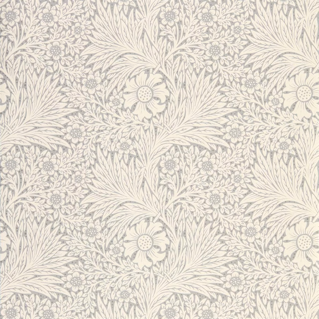 Cloud grey wallpaper with ivory daisies, curling stems and finely drawn leafy botanical motifs