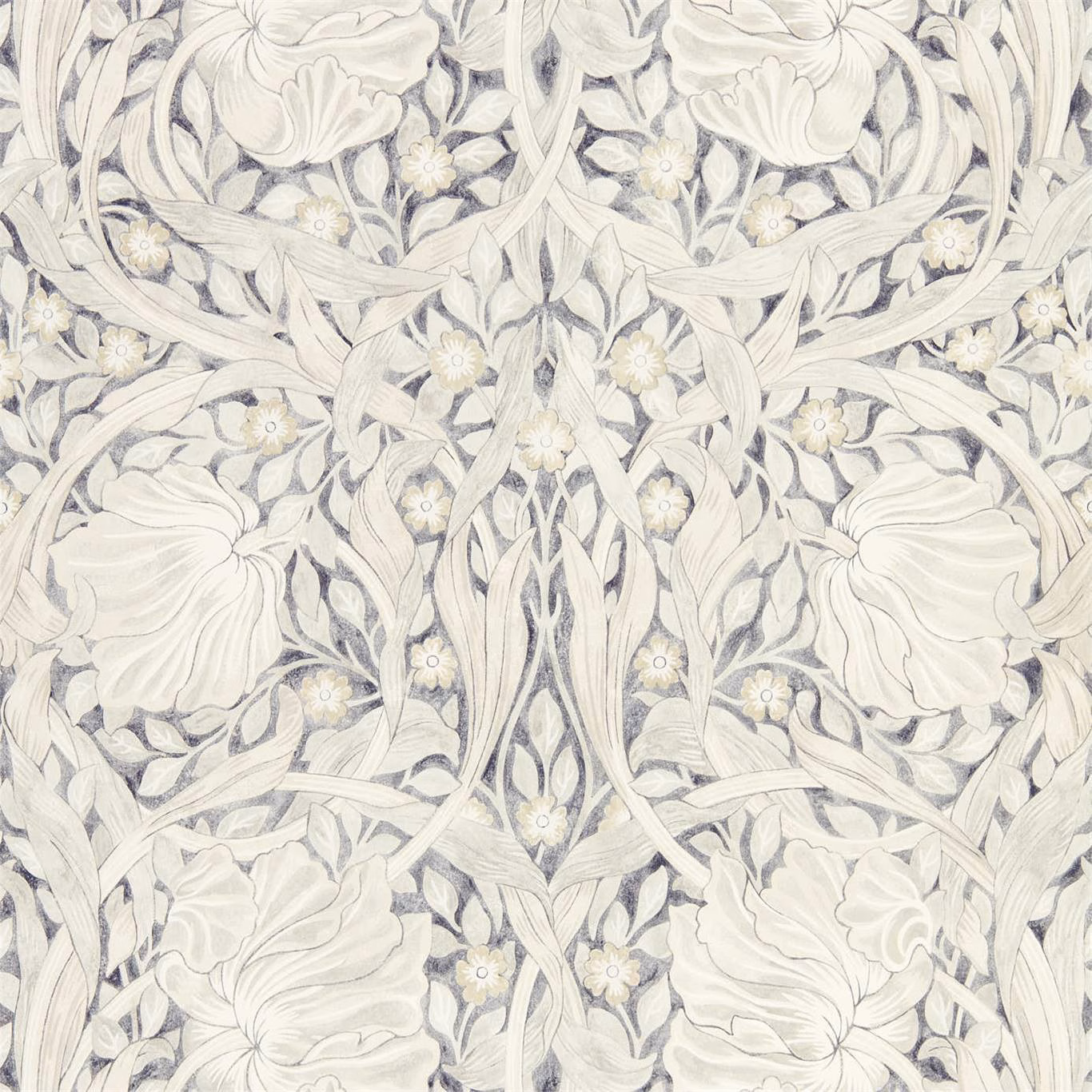 Ivory wallpaper with soft blue-grey Pimpernel blooms, curling leaves and fine ink-like outlines