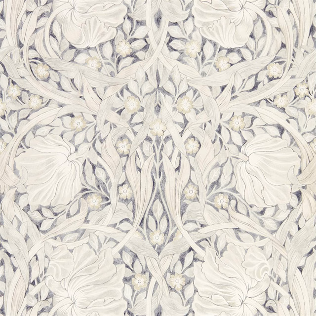 Ivory wallpaper with soft blue-grey Pimpernel blooms, curling leaves and fine ink-like outlines