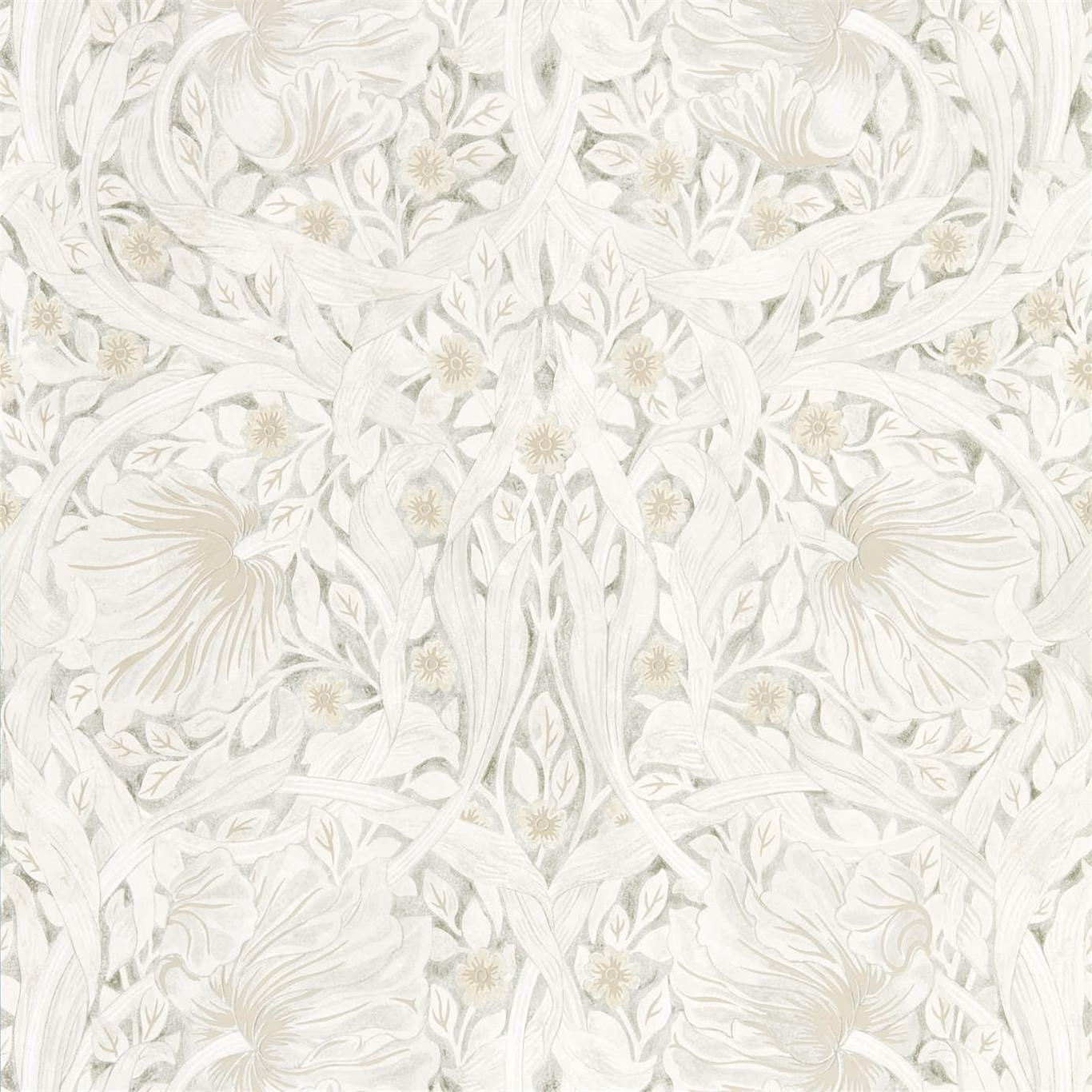 Pale grey Morris botanical wallpaper with curling leaves, large flowers and beige accents