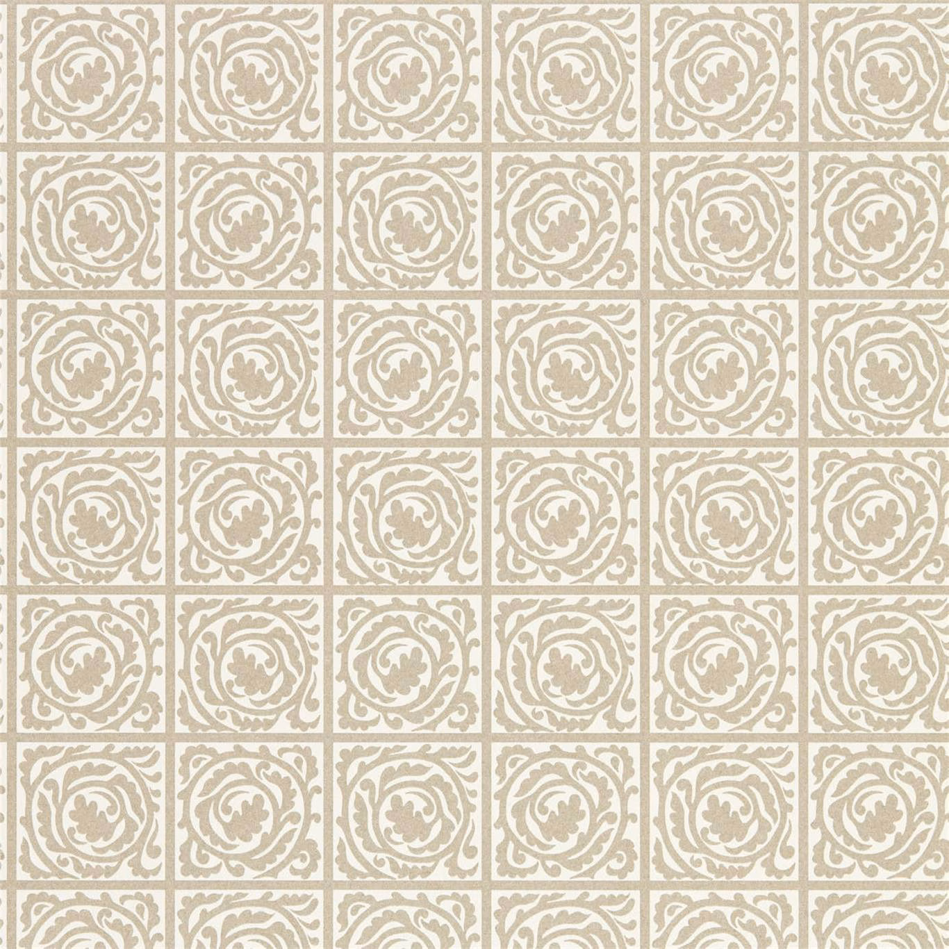 Cream wallpaper with repeating soft taupe scroll medallion panels and leafy botanical details