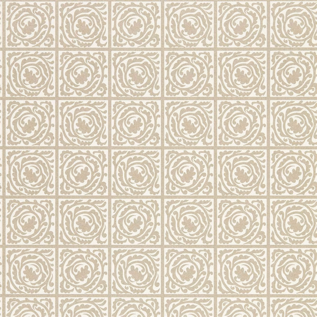 Cream wallpaper with repeating soft taupe scroll medallion panels and leafy botanical details