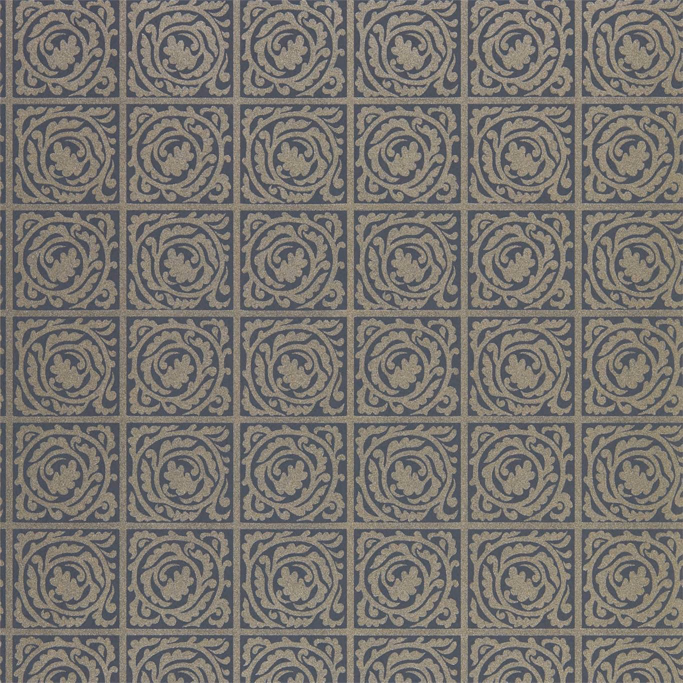 Ink-blue wallpaper with taupe circular scrolls arranged in a precise square grid