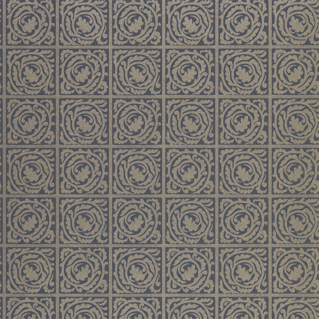 Ink-blue wallpaper with taupe circular scrolls arranged in a precise square grid