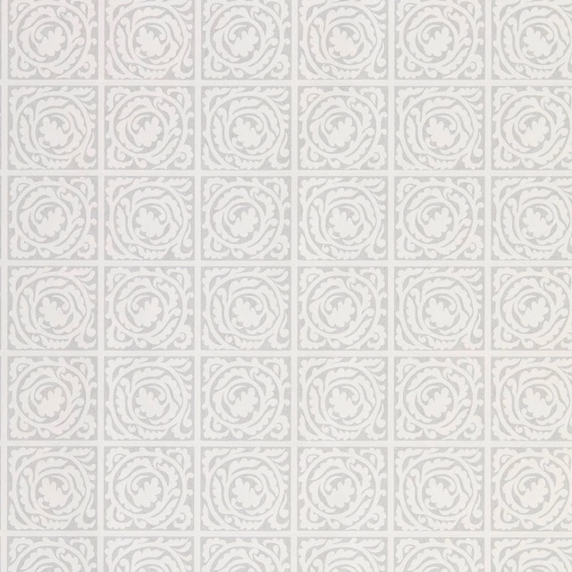 Light grey wallpaper with repeating pale scroll medallions in square panels