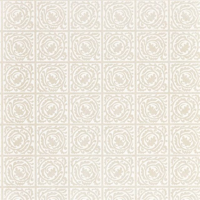 Ivory wallpaper with pale clover scroll medallions arranged in square panels