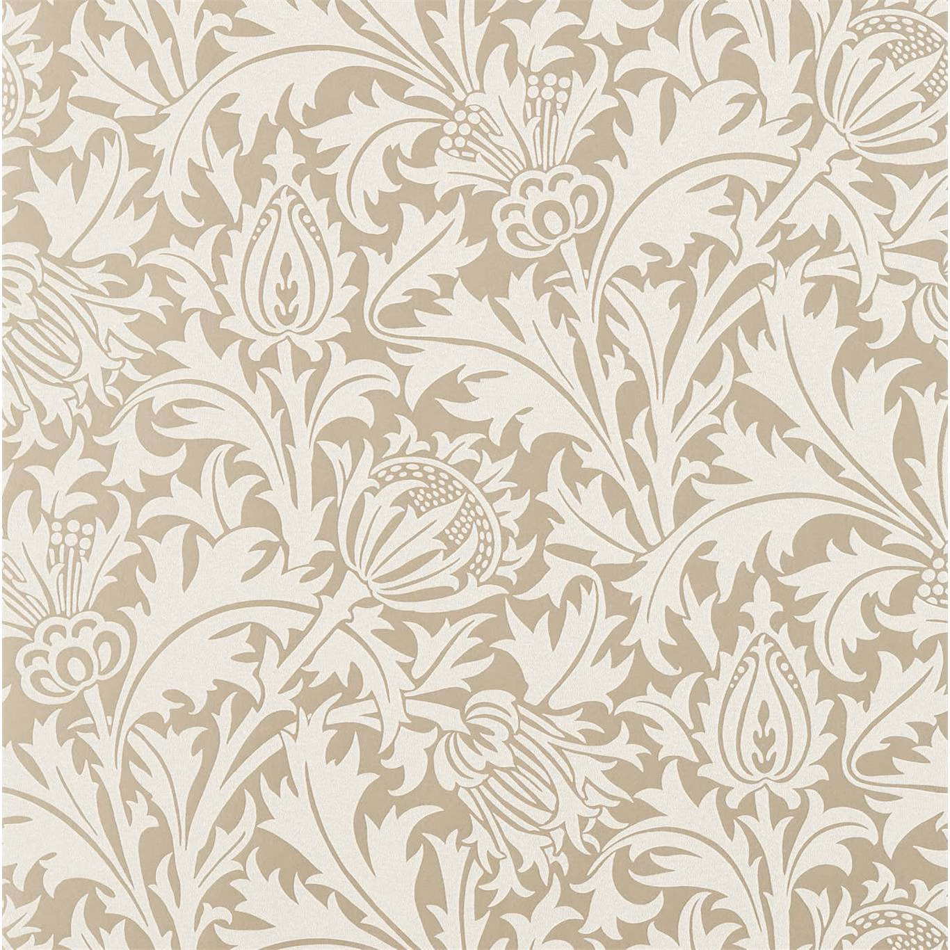 Warm taupe wallpaper with ivory scrolling thistle flowers, leaves and seed heads