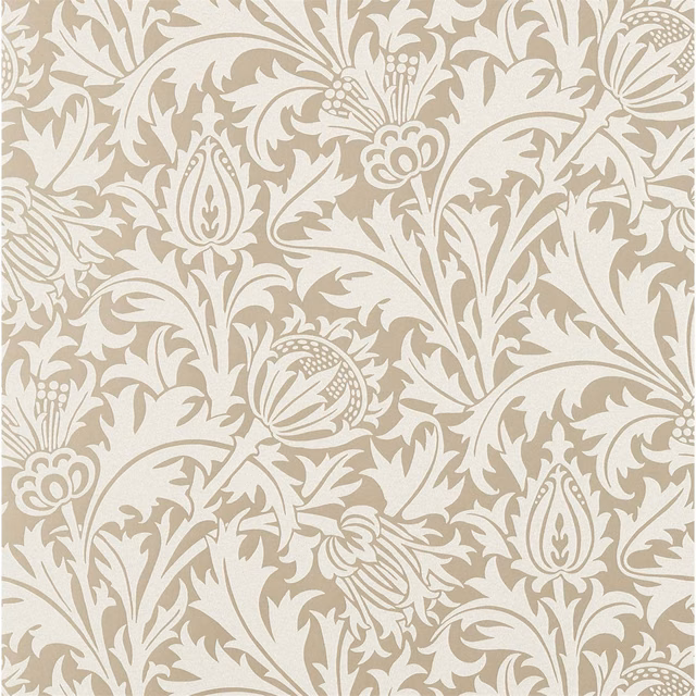 Warm taupe wallpaper with ivory scrolling thistle flowers, leaves and seed heads