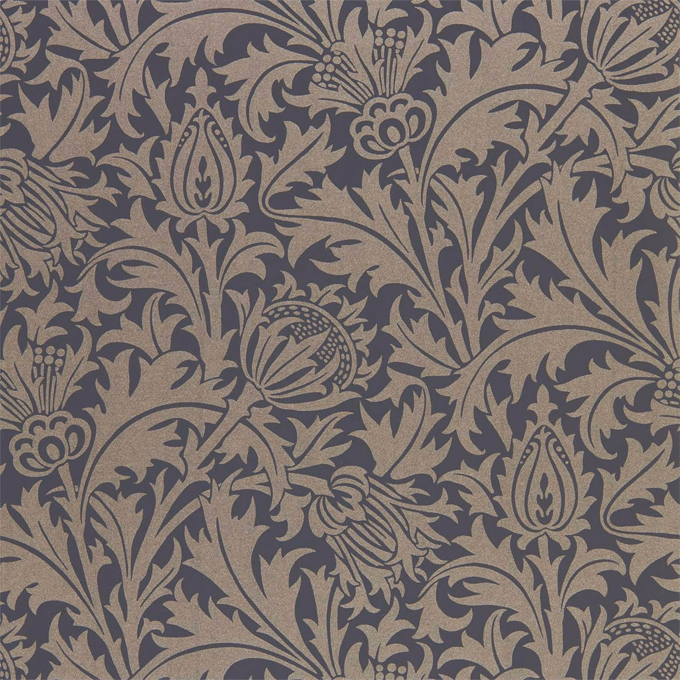 Taupe wallpaper with dense black-ink thistle scrolls and floral medallions