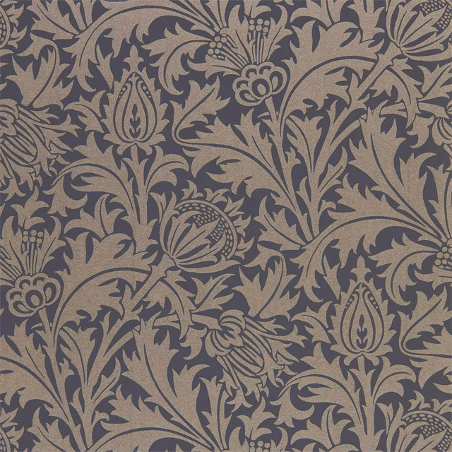 Taupe wallpaper with dense black-ink thistle scrolls and floral medallions