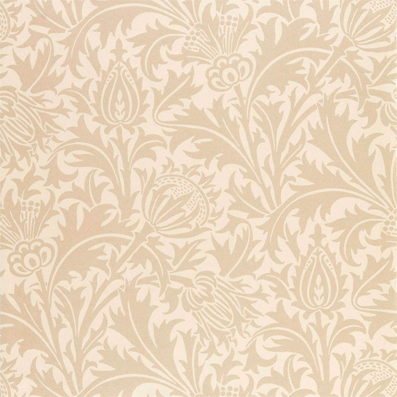 Soft taupe-beige wallpaper with cream thistles, curling leaves and dense scrolling foliage