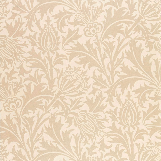 Soft taupe-beige wallpaper with cream thistles, curling leaves and dense scrolling foliage