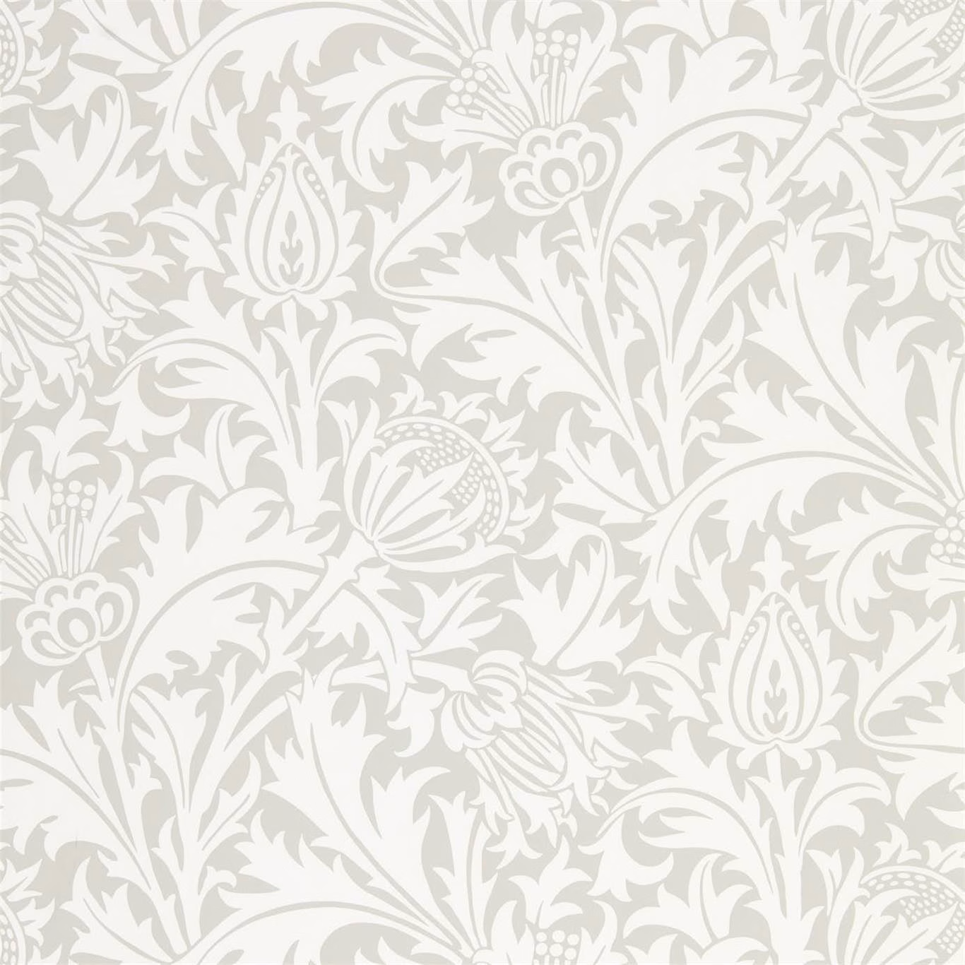 Pebble-grey Morris floral wallpaper with tulips, scrolling leaves and an ivory ground