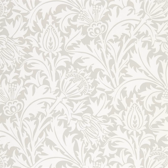 Pebble-grey Morris floral wallpaper with tulips, scrolling leaves and an ivory ground