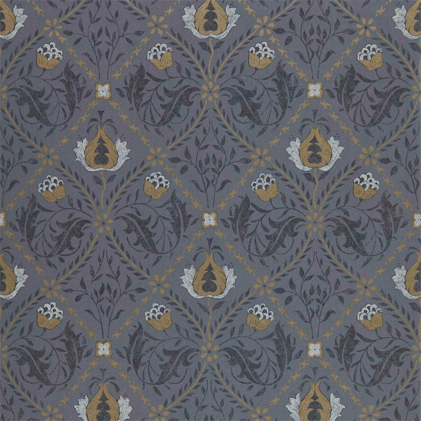 Blue-grey botanical trellis wallpaper with dark foliage, ochre flowers and pale leaf details