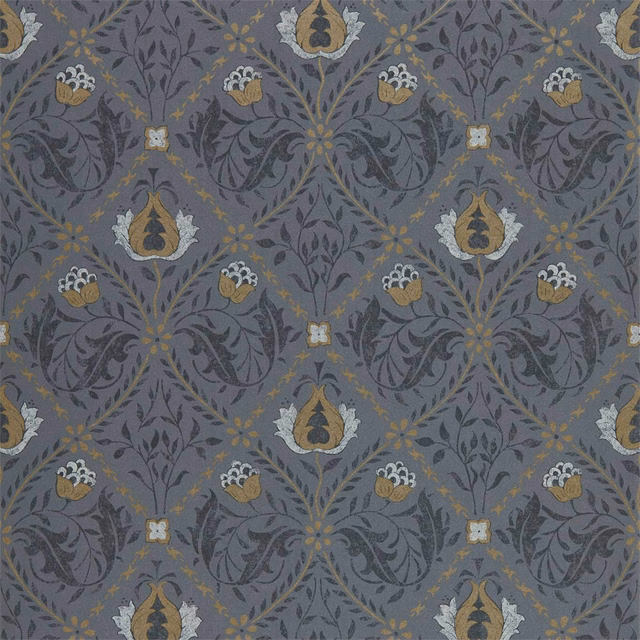 Blue-grey botanical trellis wallpaper with dark foliage, ochre flowers and pale leaf details