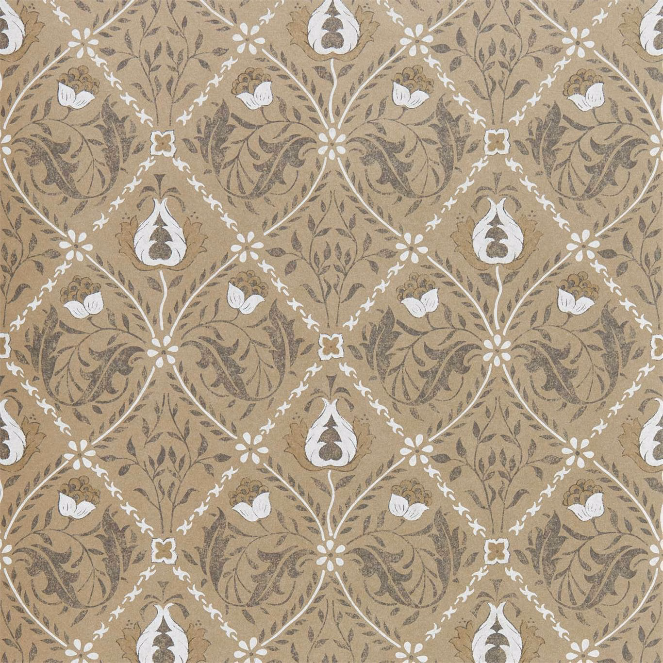 Warm taupe-gold trellis wallpaper with cream flowers and muted olive foliage