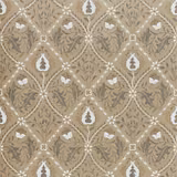 Warm taupe-gold trellis wallpaper with cream flowers and muted olive foliage