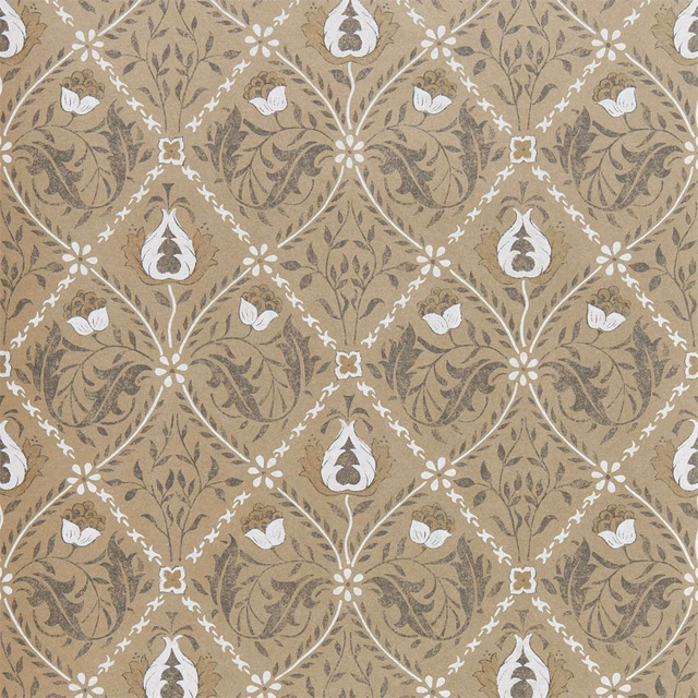 Warm taupe-gold trellis wallpaper with cream flowers and muted olive foliage