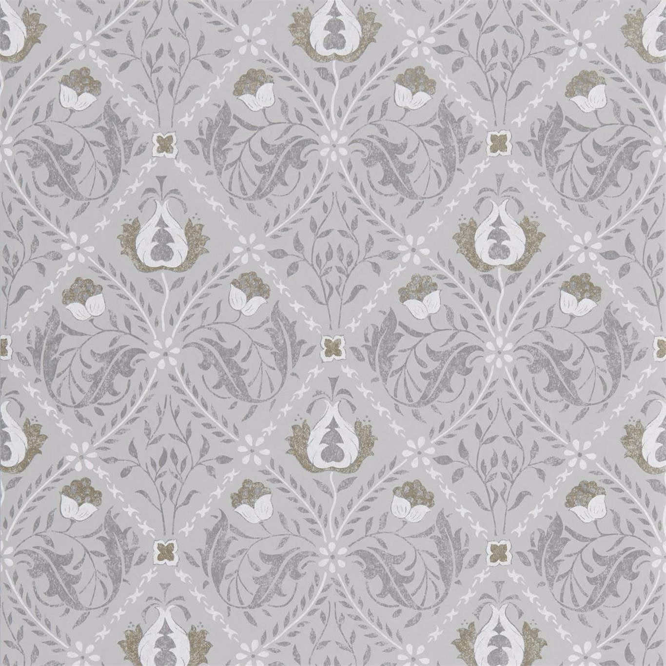 Cool light grey Morris trellis wallpaper with white flowers, leafy medallions and taupe accents