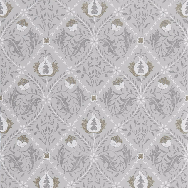 Cool light grey Morris trellis wallpaper with white flowers, leafy medallions and taupe accents