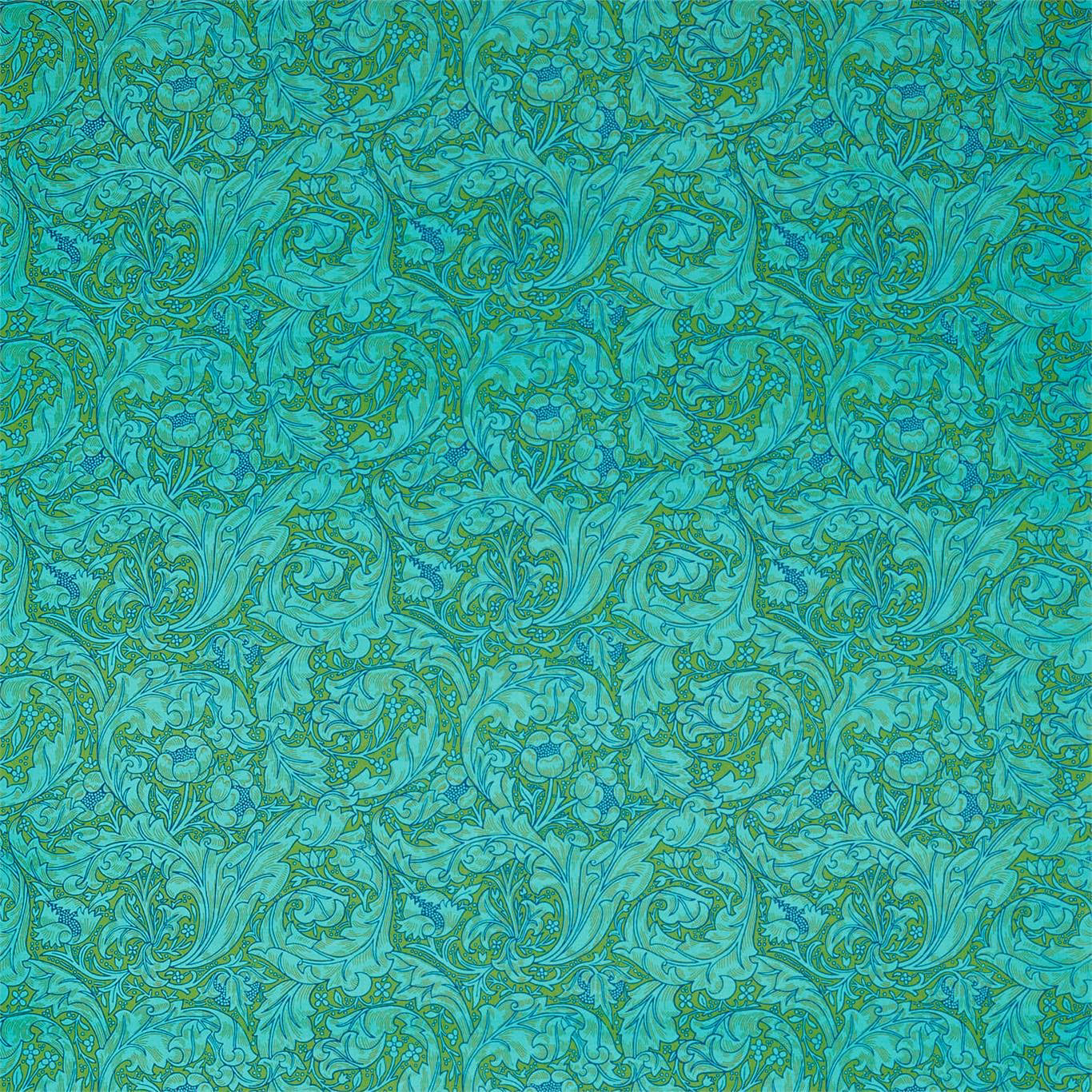 Olive and turquoise scrolling foliage with dense paisley curls across a textile swatch
