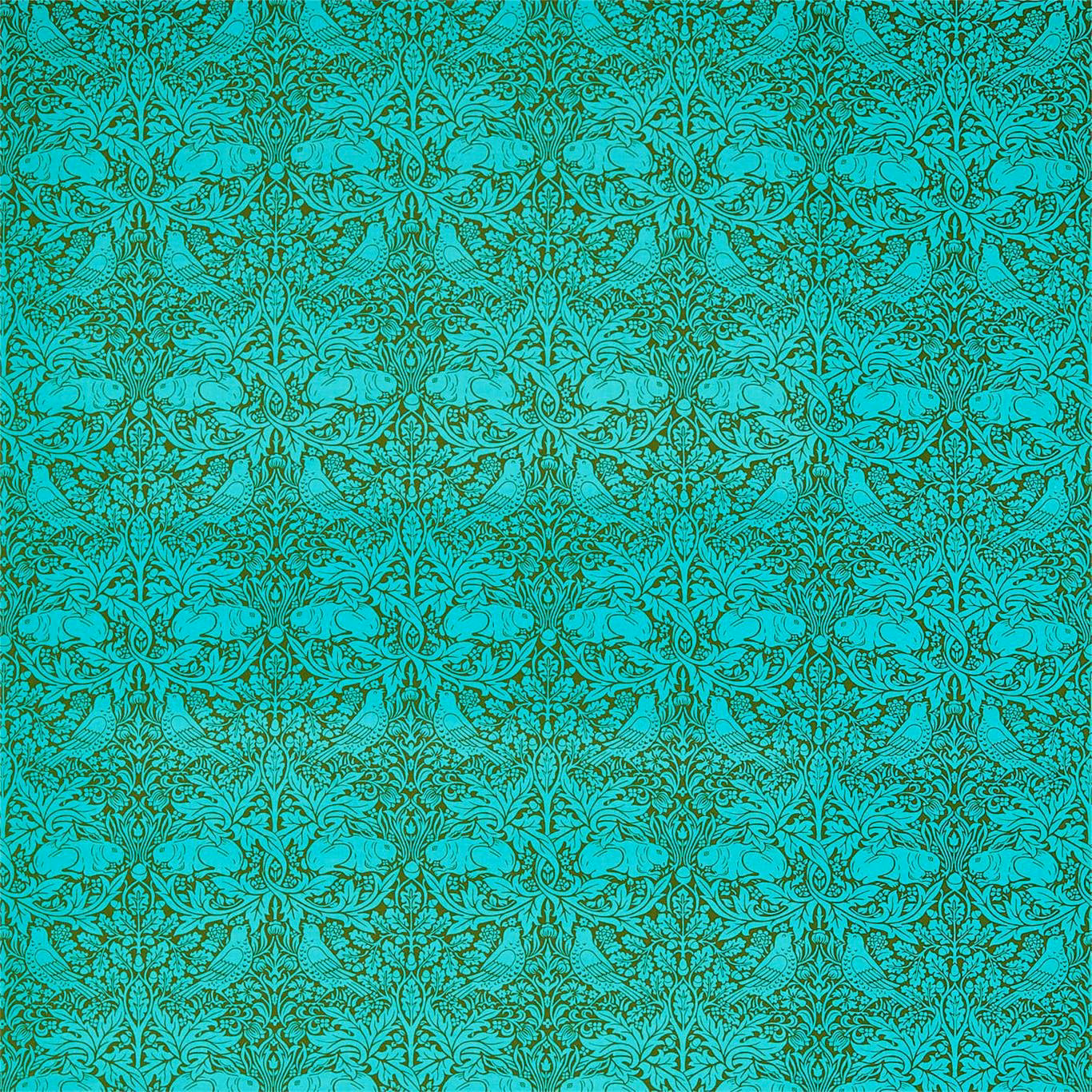 Vivid turquoise Brer Rabbit pattern with olive-green rabbits, leaves and curling vines