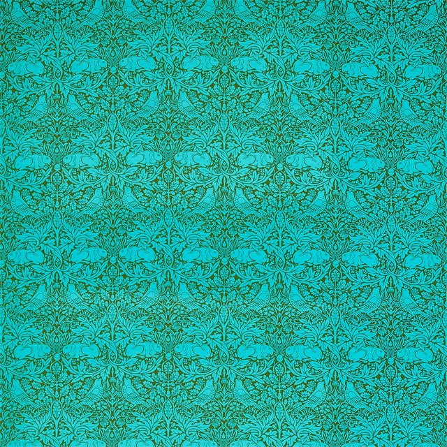 Vivid turquoise Brer Rabbit pattern with olive-green rabbits, leaves and curling vines