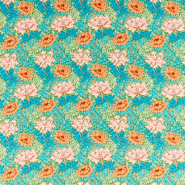 Turquoise floral fabric with blush chrysanthemums, coral blooms and fine green foliage