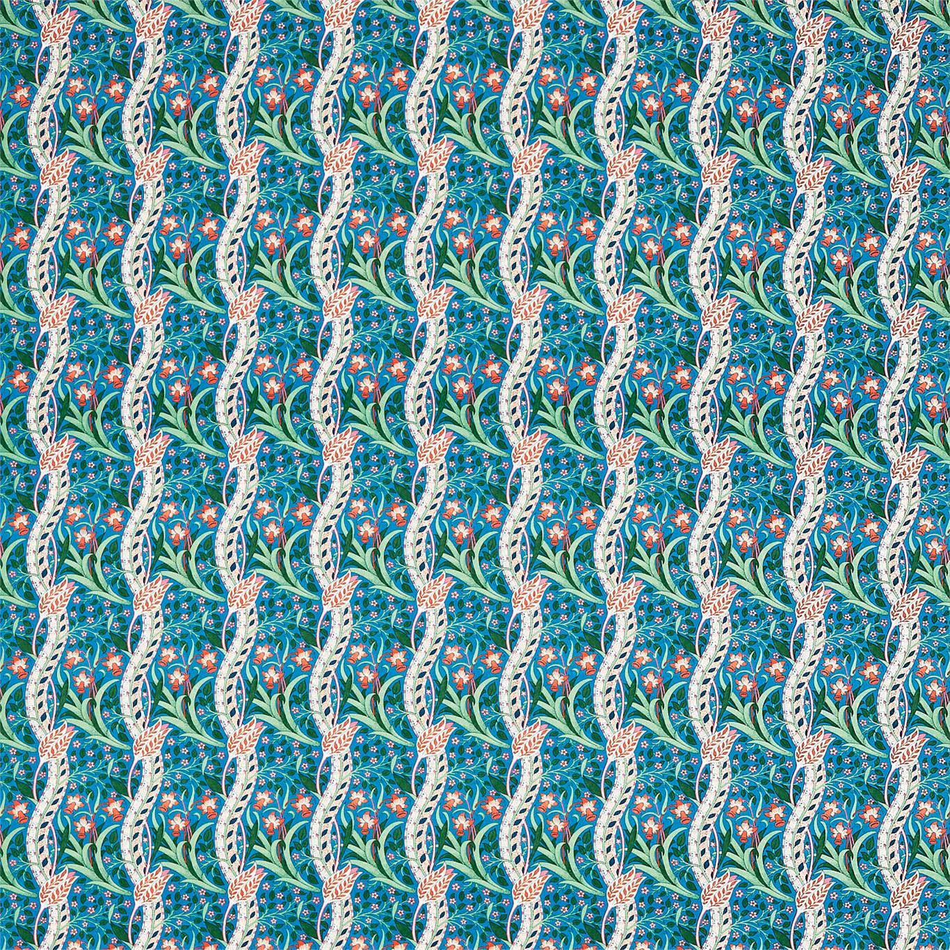 Teal Morris & Co. fabric with cream climbing stems, coral flowers and green leaves