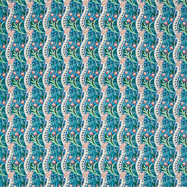 Teal Morris & Co. fabric with cream climbing stems, coral flowers and green leaves