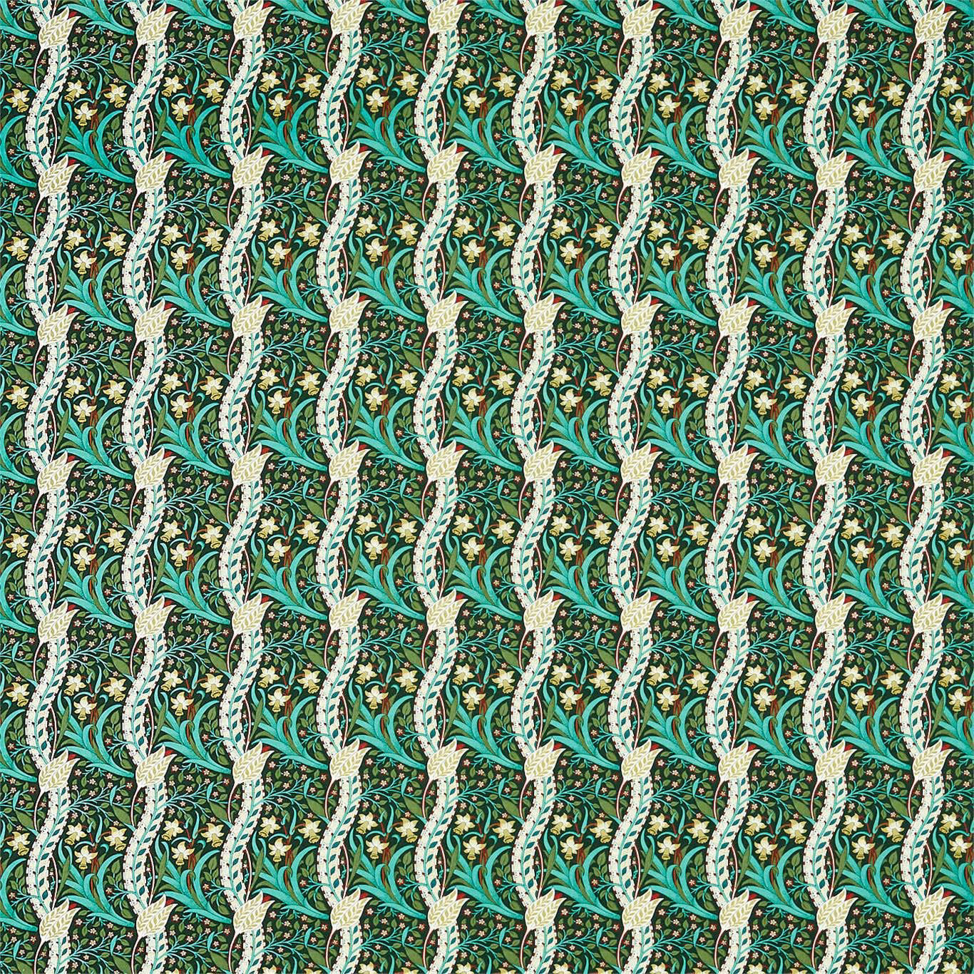 Dark olive botanical fabric with turquoise leaves, cream pineapple motifs and yellow flowers