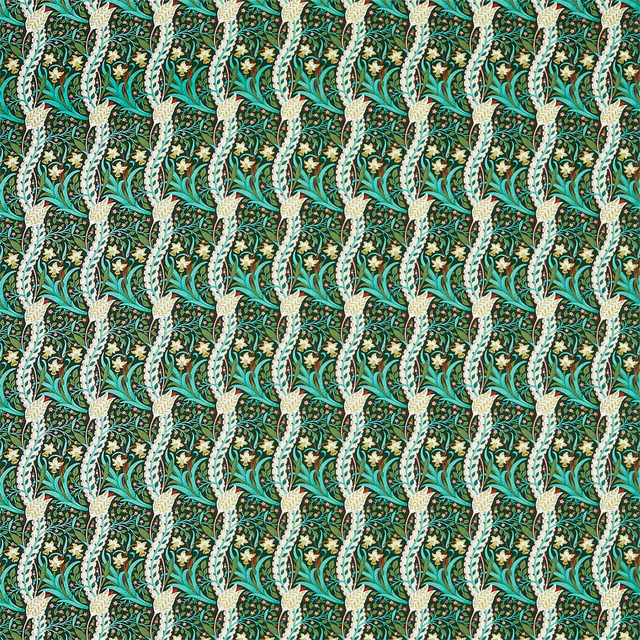 Dark olive botanical fabric with turquoise leaves, cream pineapple motifs and yellow flowers