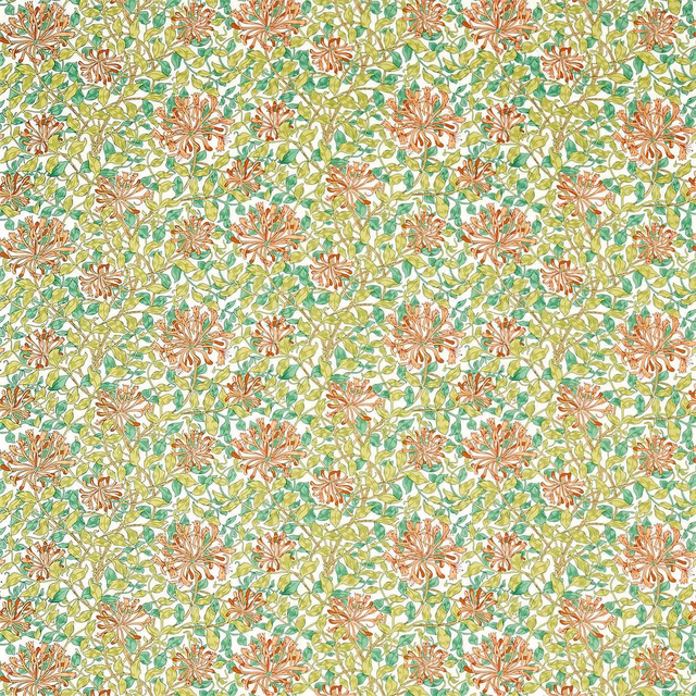 Cream floral fabric with leafy green trails and warm peach rosettes