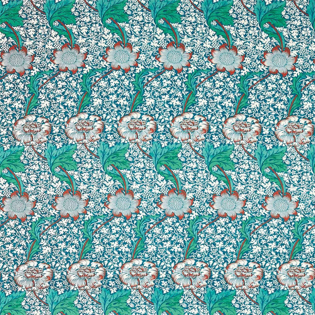 Deep aqua floral fabric with pink blooms, green leaves and dense cream vinework