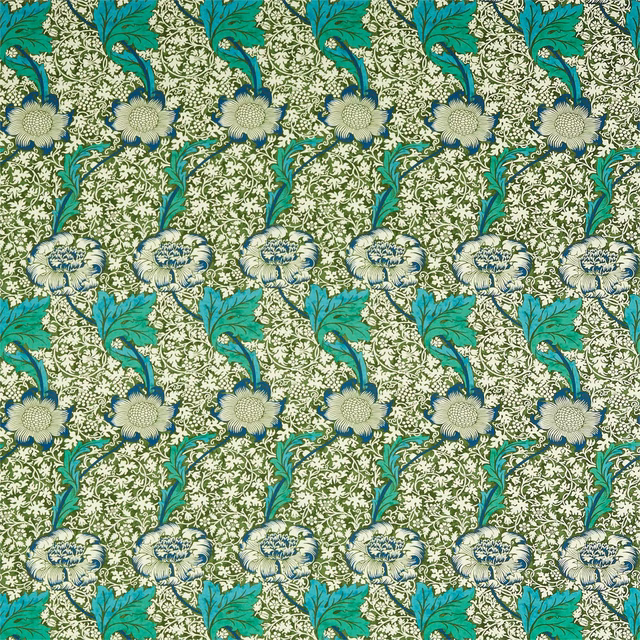 Olive botanical fabric with turquoise leaves and pale cream-blue flowers in repeat
