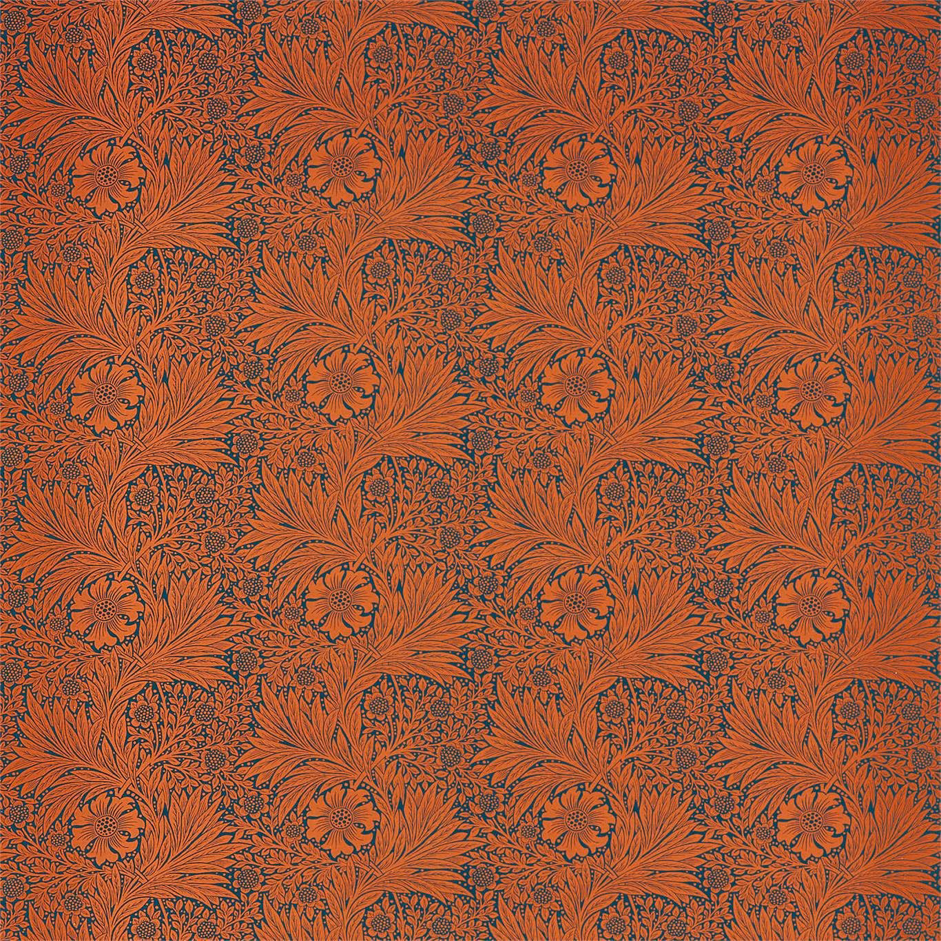 Burnt orange floral textile with navy outlines and repeating fan-like leaf motifs