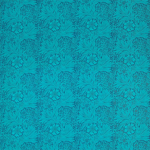 Saturated turquoise floral textile with dark navy botanical linework and repeating blossoms